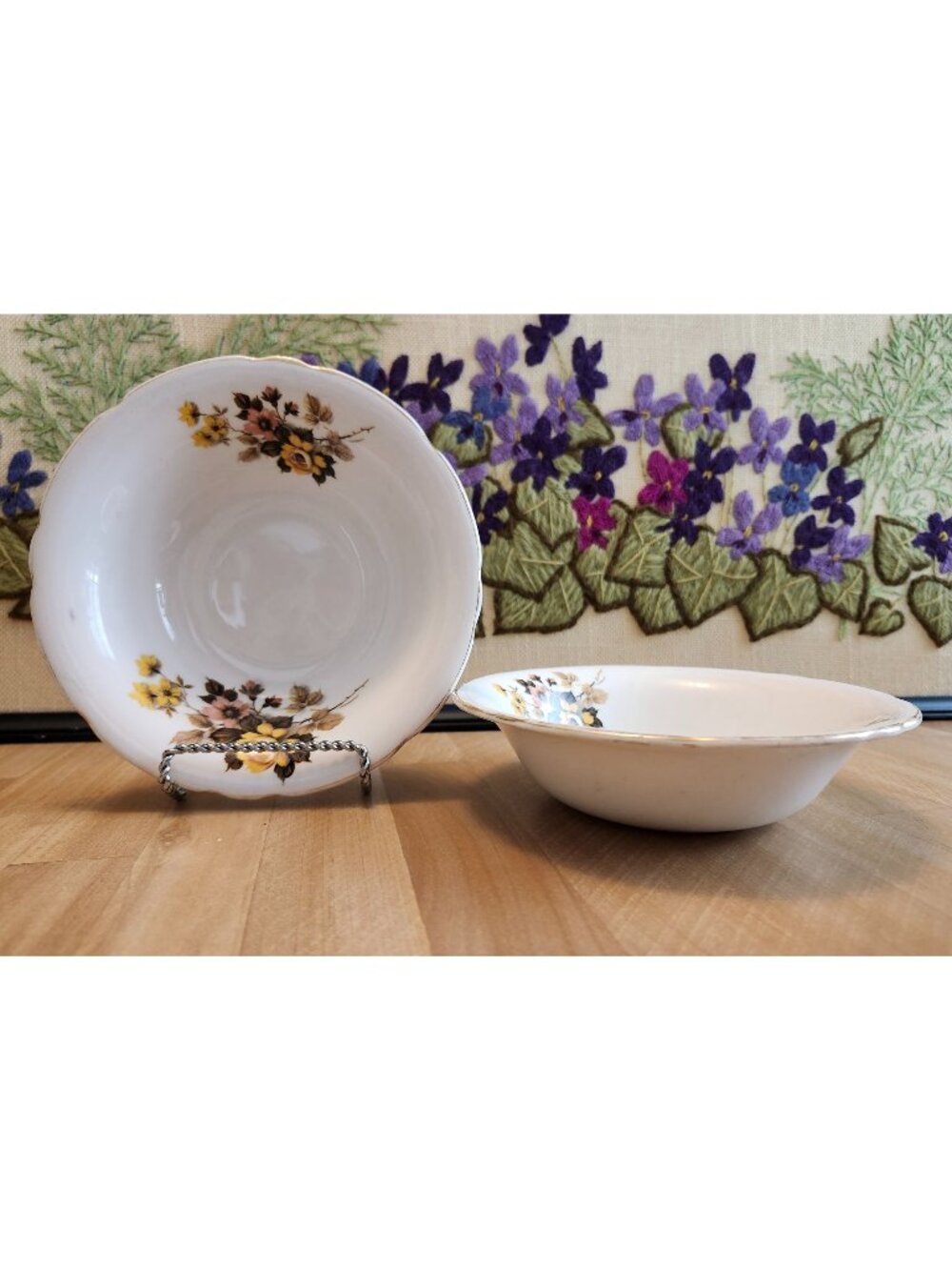 Pair Vintage Cereal Bowls Royal York Bone China Floral Pattern Tan Scalloped Edg